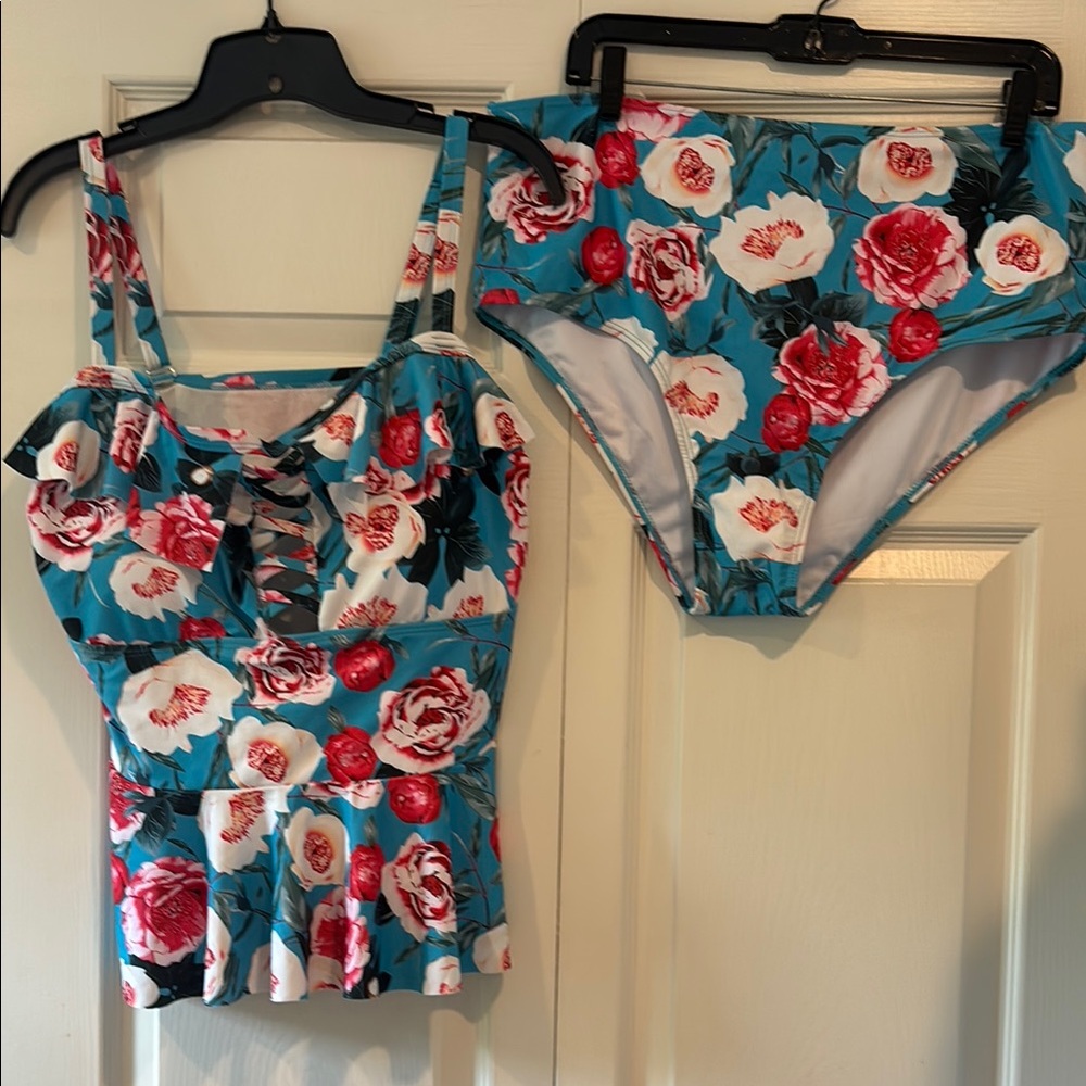 Floral Blue and Red Swimsuit Set